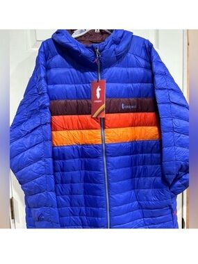 Cotopaxi Men’s XXL Fuego Hooded Down Puffer Jacket Blue Violet Stripes NWT